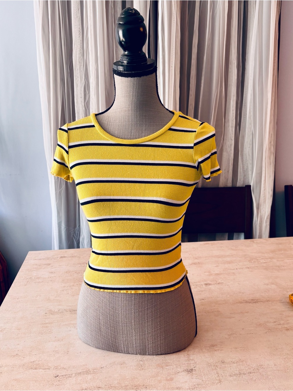 Garage Yellow Navy White Striped Ribbed Crop Top